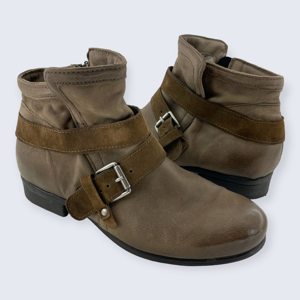 Miz Mooz Spencer Brown Leather Buckle Strap Inner Zip Ankle Boot Wide 42 10.5 11